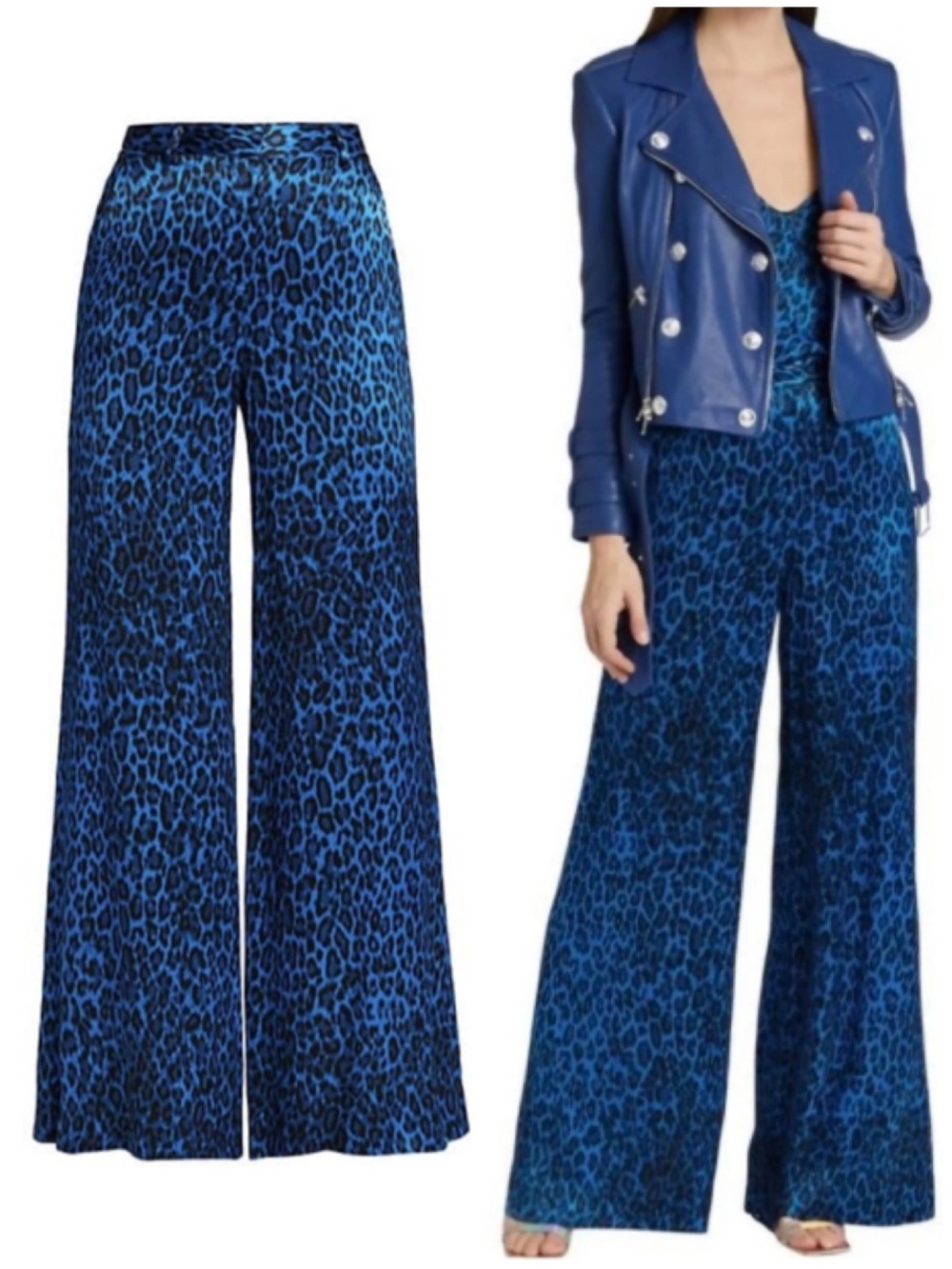 L'AGENCE Gavin Blue Leopard Wide-Leg Pants Satin Wide Leg Sz 4 [CH]